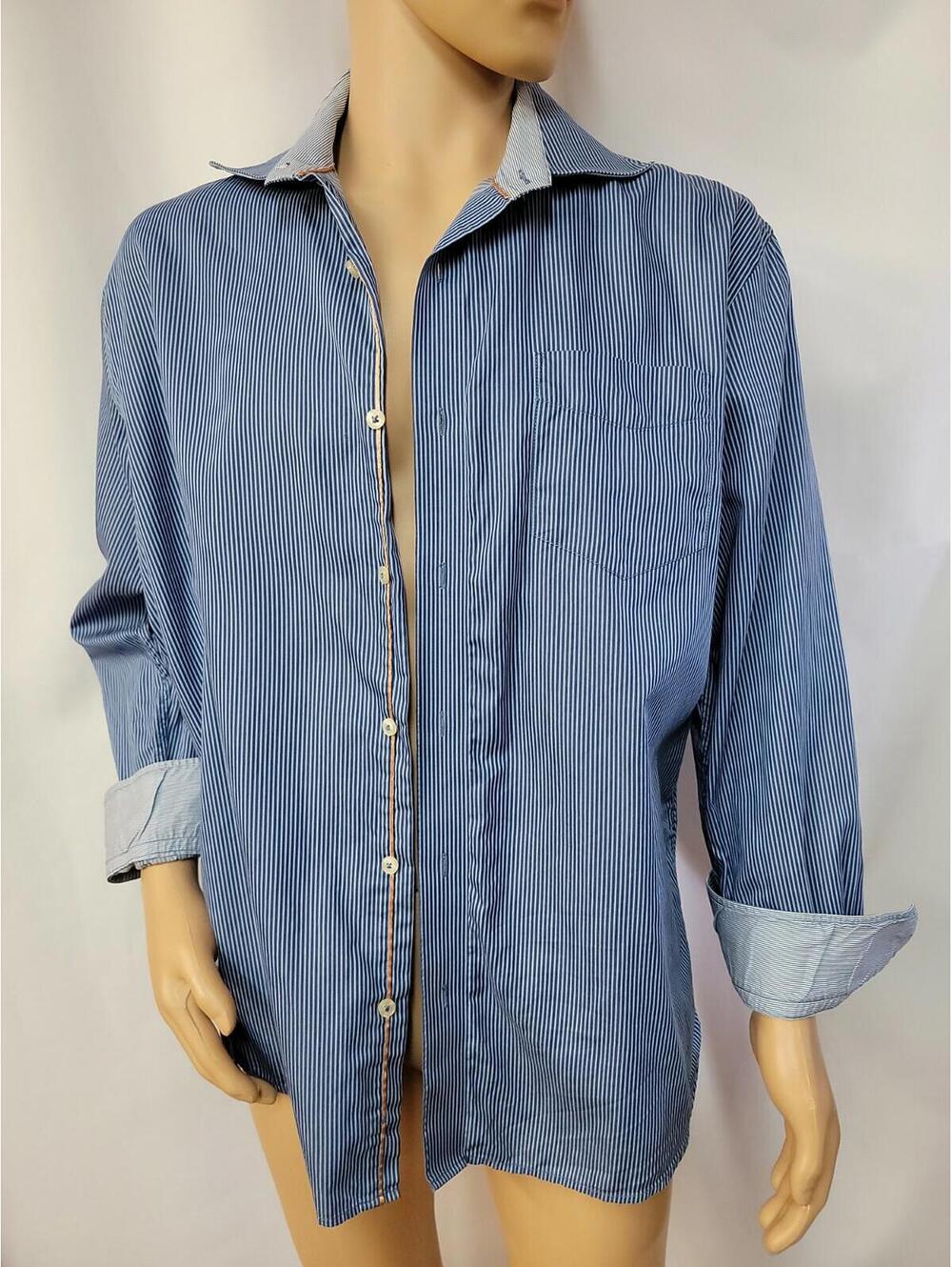 Arnold Zimberg of Hollywood Blue Stripe Cotton Sz 17.5 Mens Dress Shirt LS #WM1